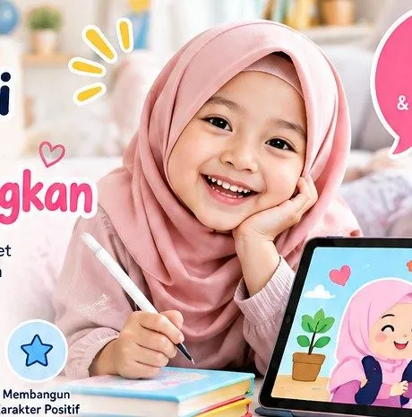 Anak perempuan berhijab tersenyum sambil belajar